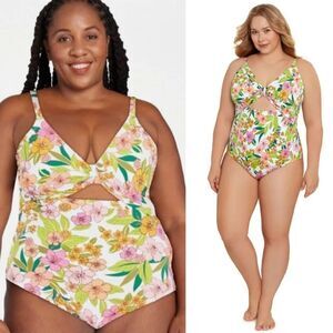 Time & Tru White Floral Front Cutout One Piece Swimsuit Plussize 3X